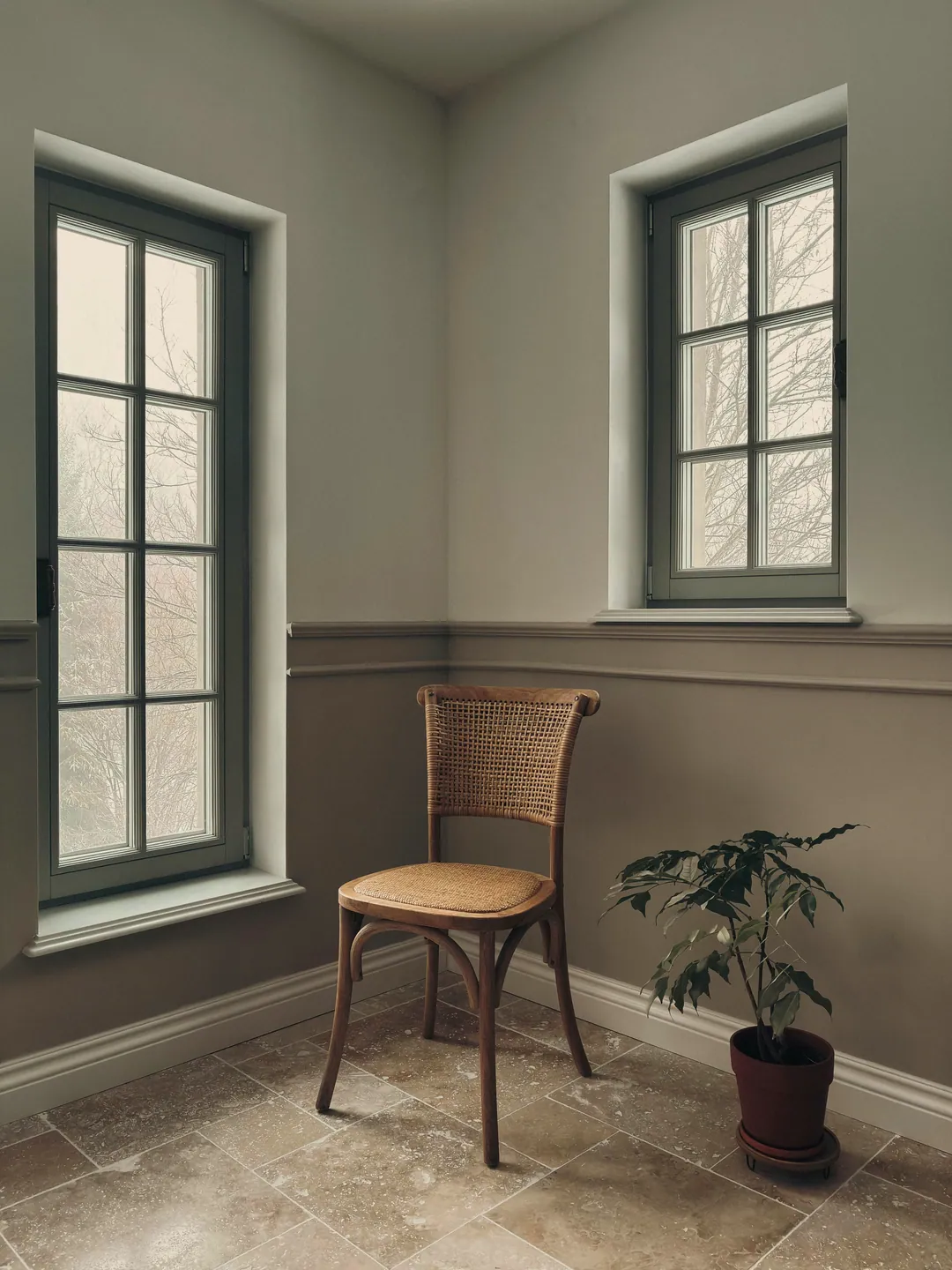 A bentwood chair and potted plant in a quiet corner between two windows
