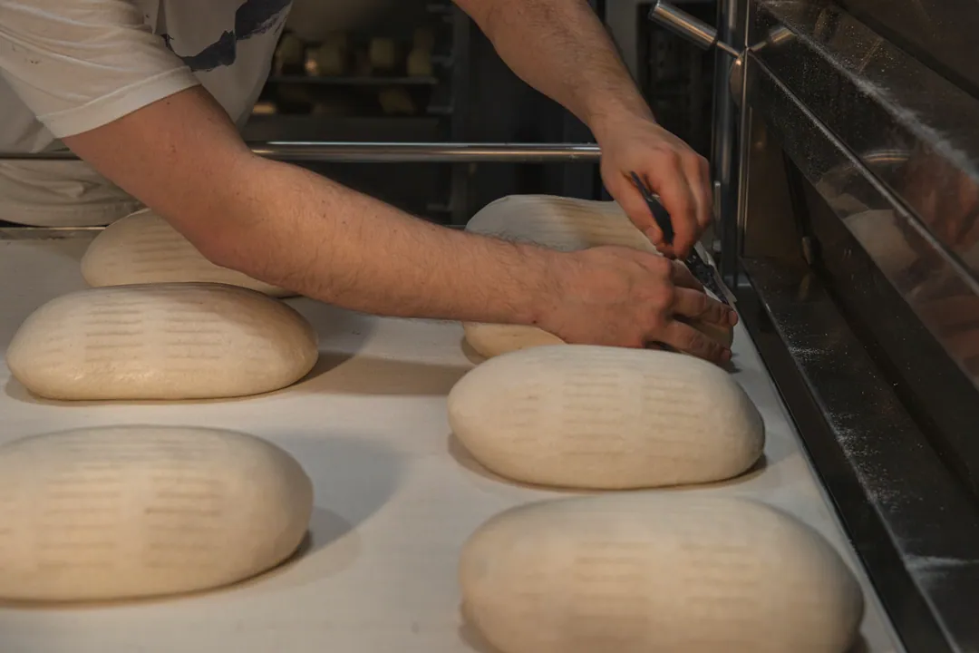 Shaped loaves resting on a floured bench by the oven