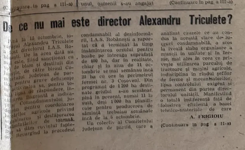 Articolul încadrat „De ce nu mai este director Alexandru Triculete?”, Înainte, 14 octombrie 1982, pag. 1.