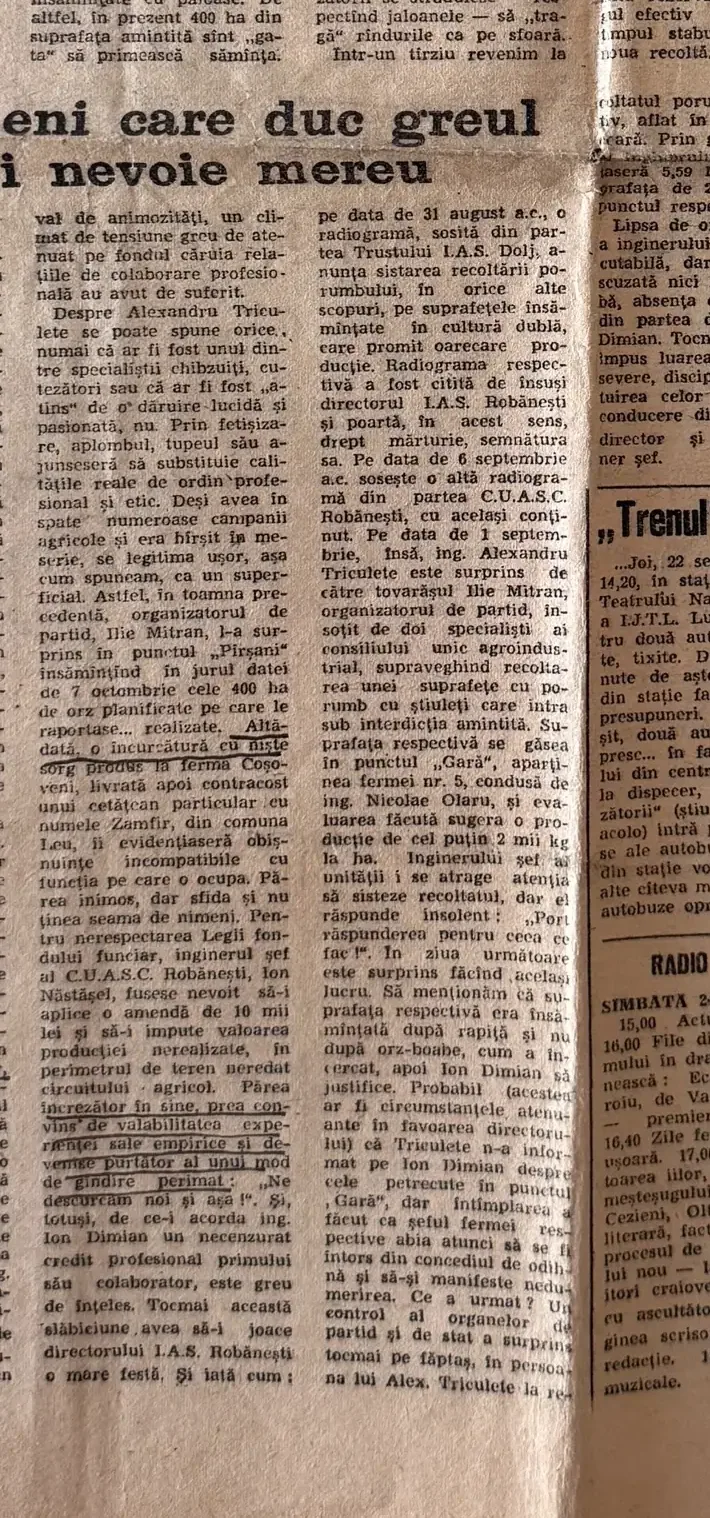 Continuarea articolului din 24 septembrie 1983, pagina 3, cu rânduri subliniate cu pixul pe exemplarul familiei.