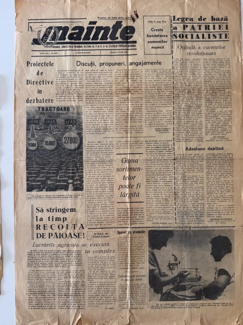 Înainte, vineri 2 iulie 1965, pagina 1 — Fotografia de la G.A.S. Portărești, jos-dreapta