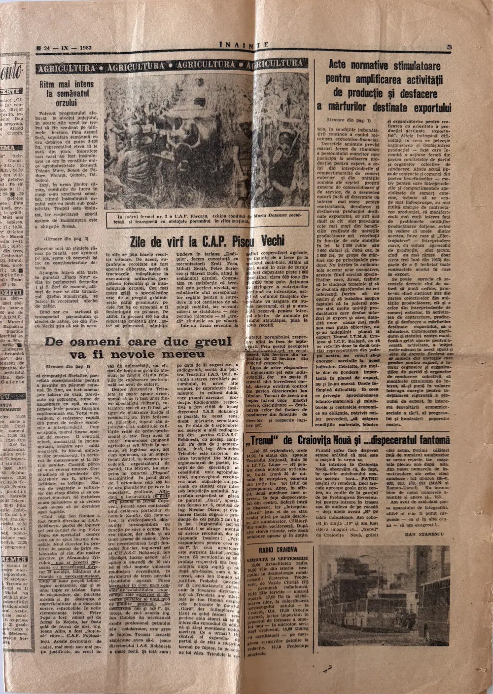 Înainte, sâmbătă 24 septembrie 1983, pagina 3 — Continuarea, cu sublinierile familiei