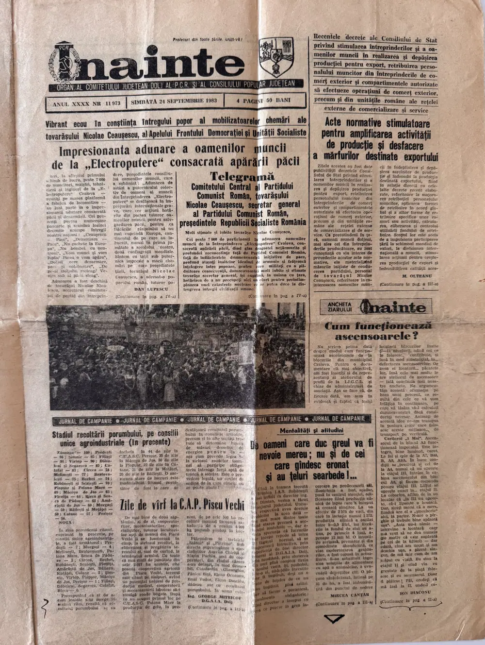 Înainte, sâmbătă 24 septembrie 1983, pagina 1 — „De oameni care duc greul…”, rubrica „Mentalități și atitudini”