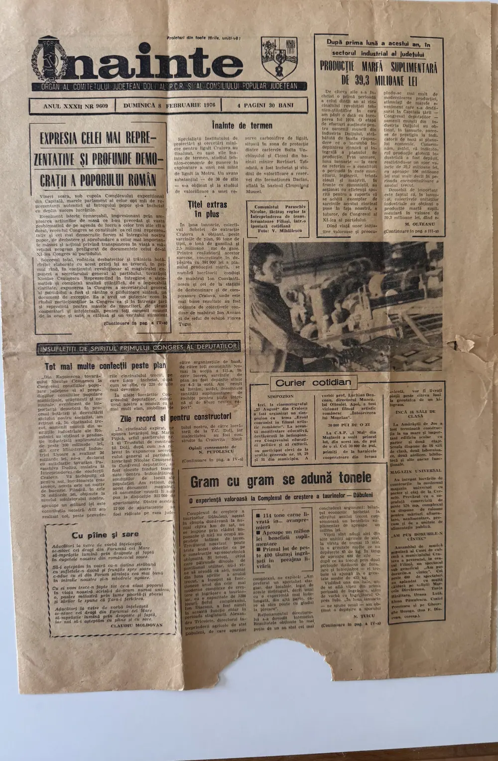 Înainte, duminică 8 februarie 1976, pagina 1 — „Gram cu gram se adună tonele”, reportaj despre complexul I.A.S. Dăbuleni