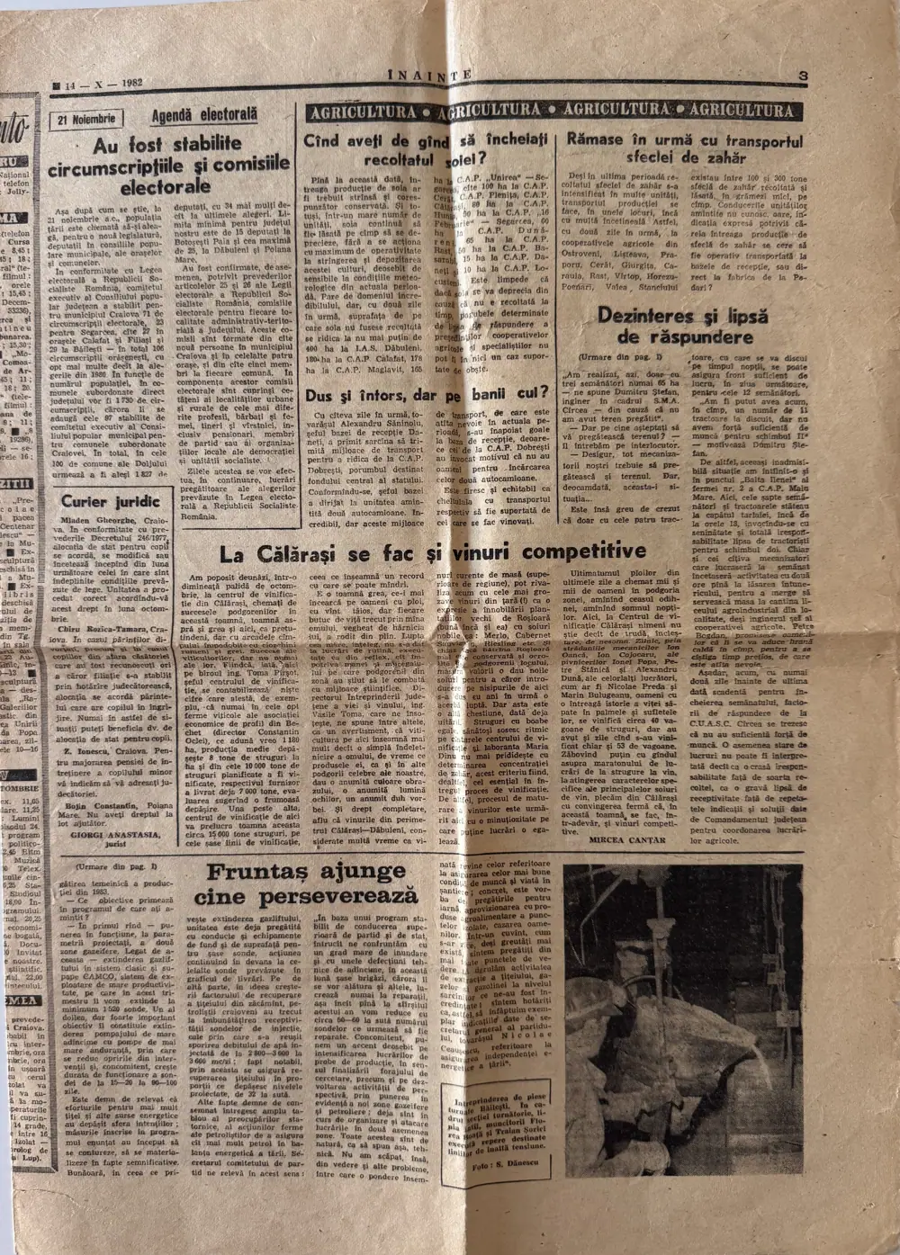 Înainte, joi 14 octombrie 1982, pagina 3 — Vinurile de Călărași–Dăbuleni: „…dată deja uitării”