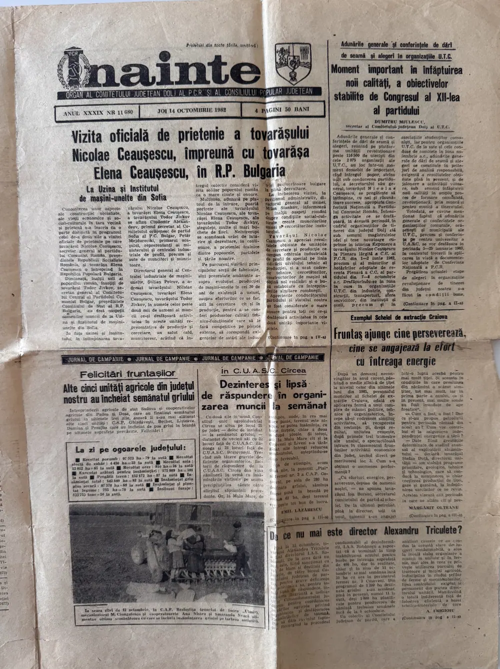 Înainte, joi 14 octombrie 1982, pagina 1 — „De ce nu mai este director Alexandru Triculete?”, jos-dreapta