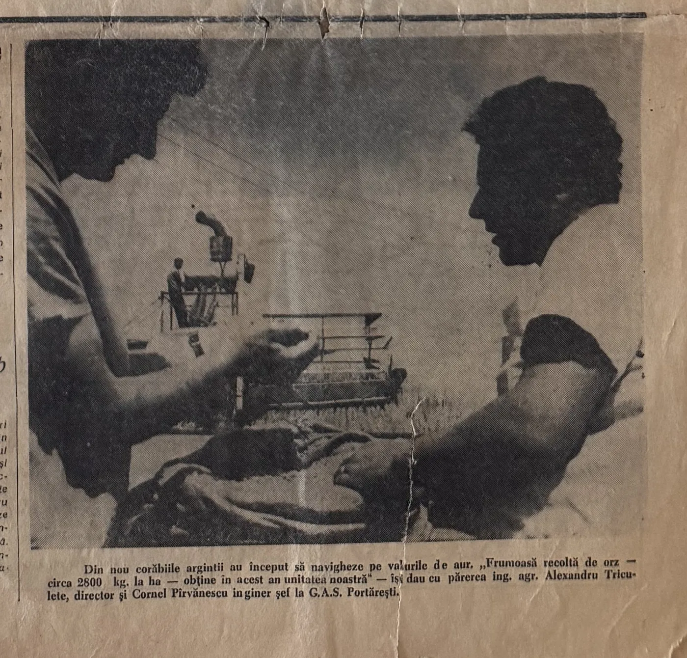 Fotografia originală din Înainte, 2 iulie 1965: doi ingineri examinează orzul, cu o combină în fundal