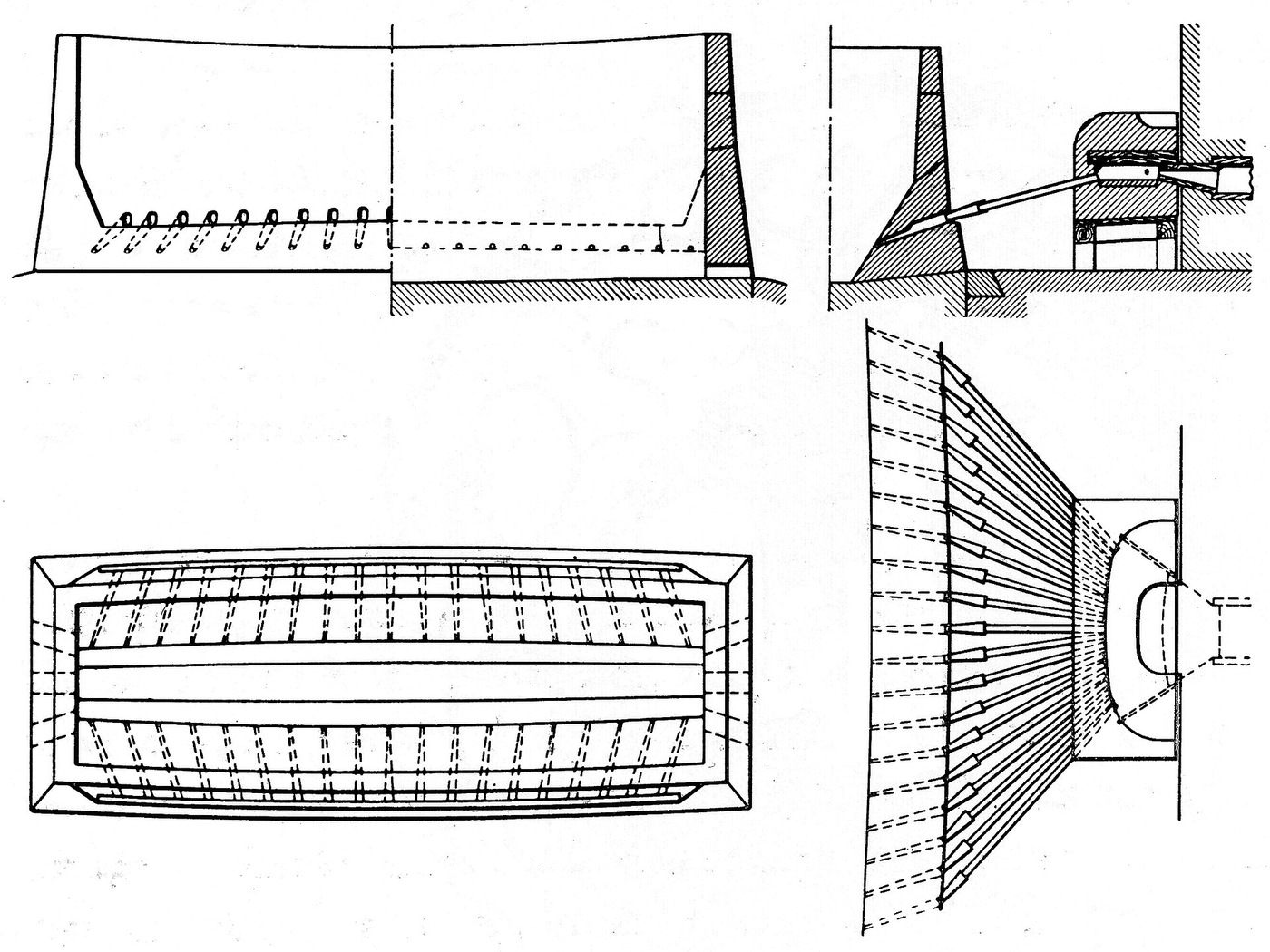 Engineering drawing of a Japanese tatara furnace in section and plan, with the bellows feeding a row of tuyeres.