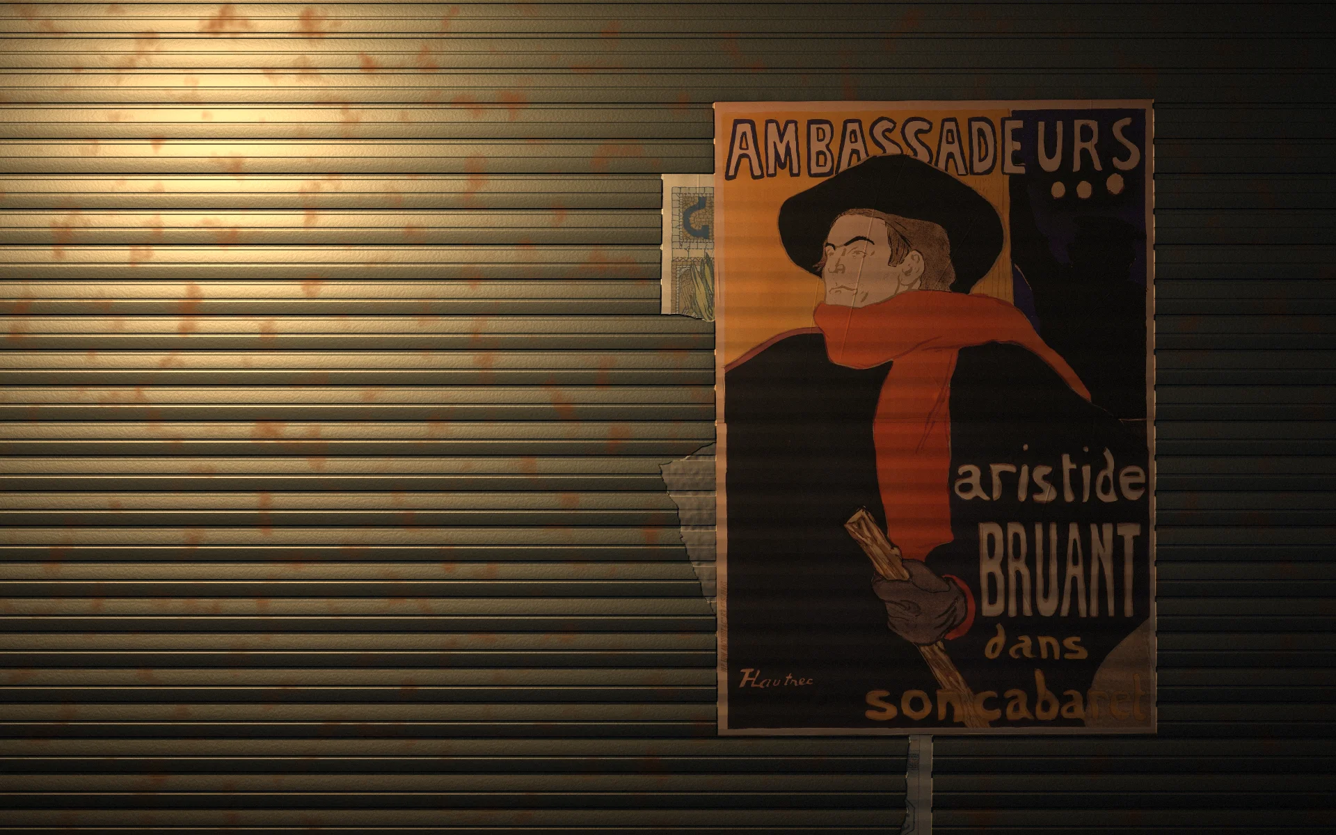 Afișul Ambassadeurs (Aristide Bruant) de Henri de Toulouse-Lautrec, 1892, lipit pe un oblon metalic, noaptea