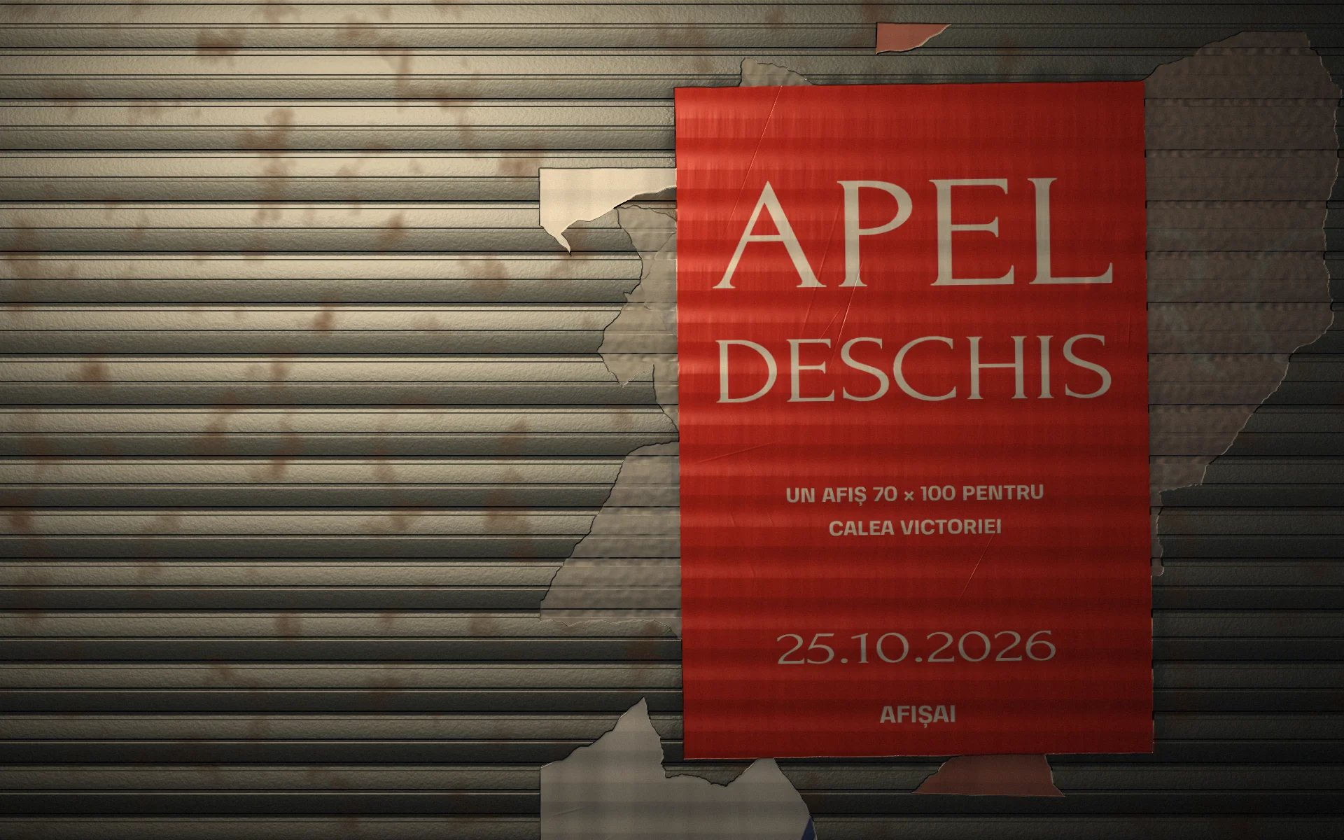 Afișul apelului deschis, roșu, lipit pe un oblon metalic, noaptea