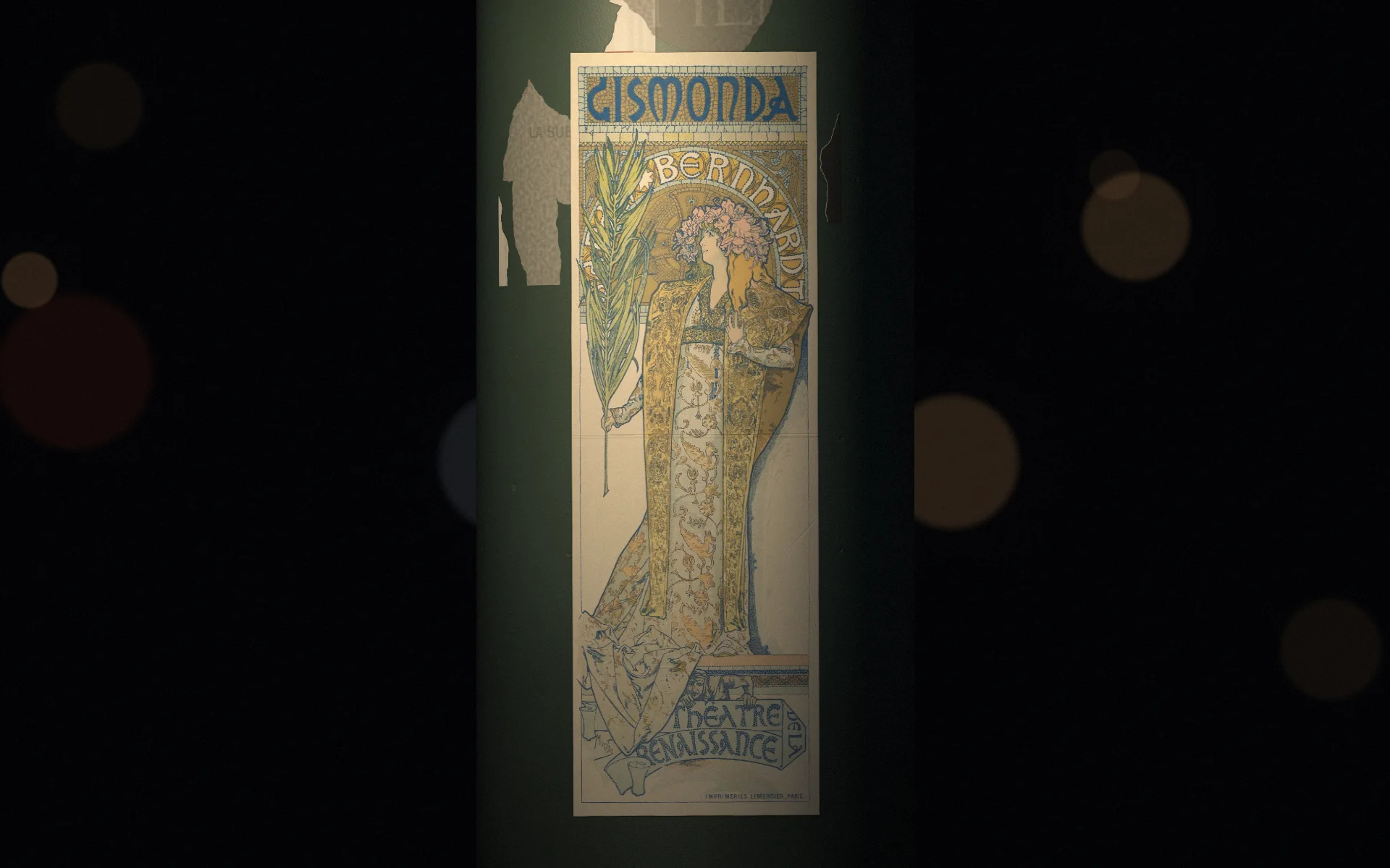 Afișul Gismonda (Sarah Bernhardt) de Alphonse Mucha, 1895, lipit pe o coloană de afișaj, noaptea