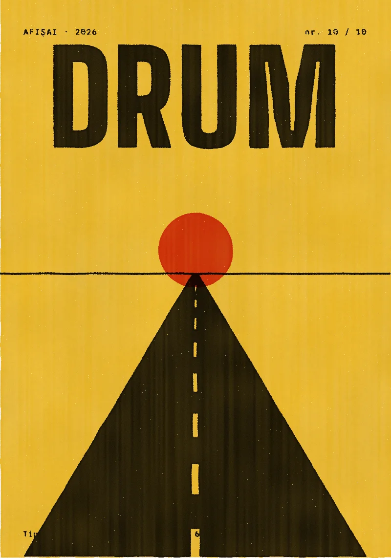 Afișul DRUM. Un drum negru spre un soare roșu, pe un câmp galben. Liniile din mijloc sunt galbenul de dedesubt.
