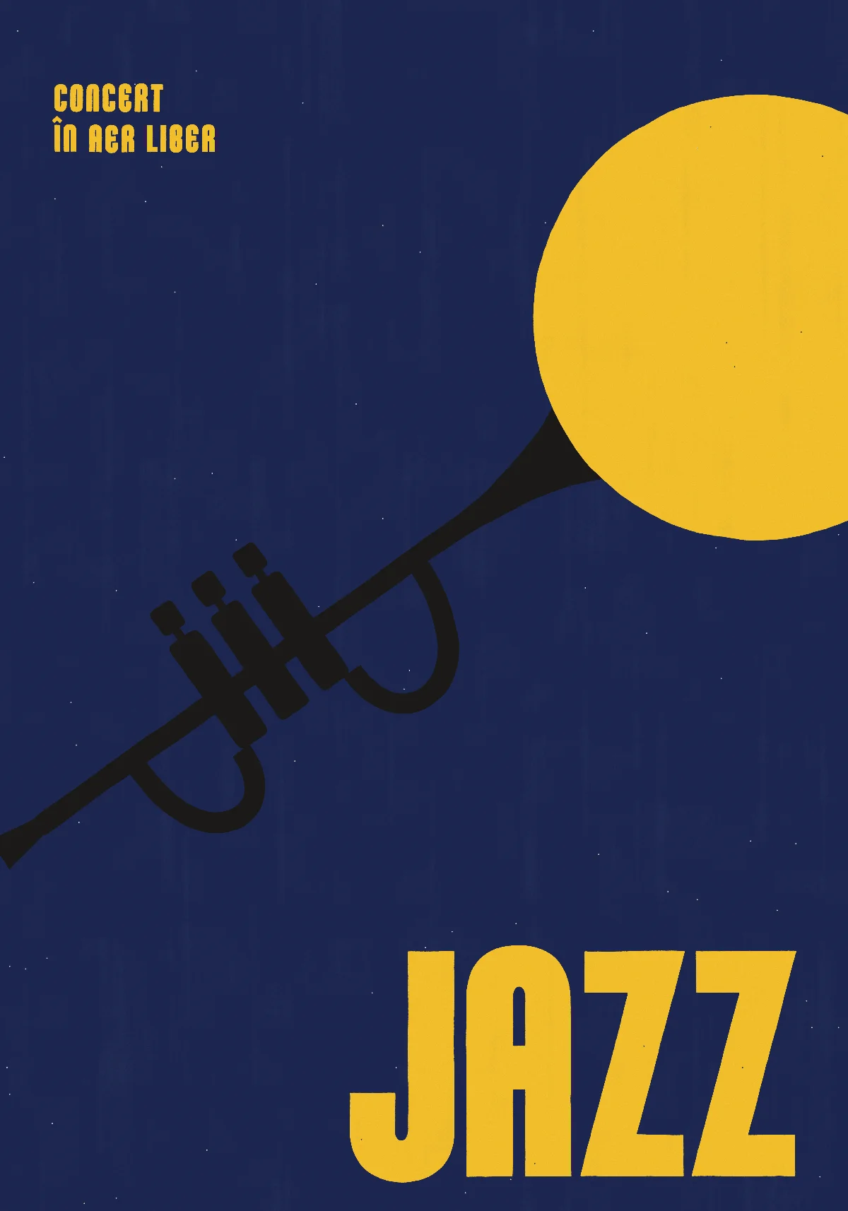 Jazz, afiș 70 × 100 cm: O trompetă îndreptată spre cer; luna e nota care iese din ea.