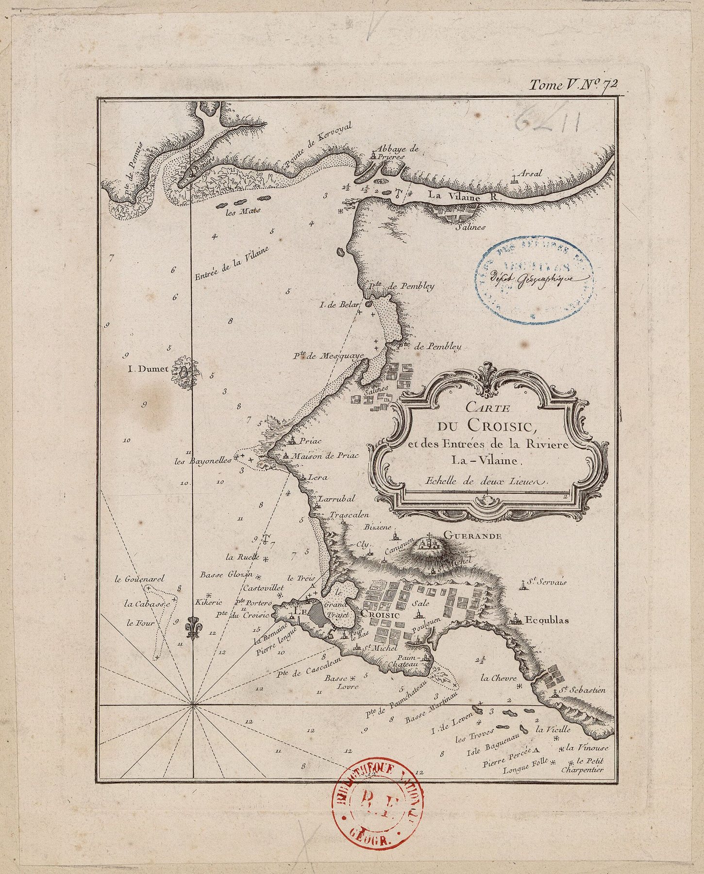 A hand-drawn 18th-century chart of Le Croisic, the traicts and the marshes.