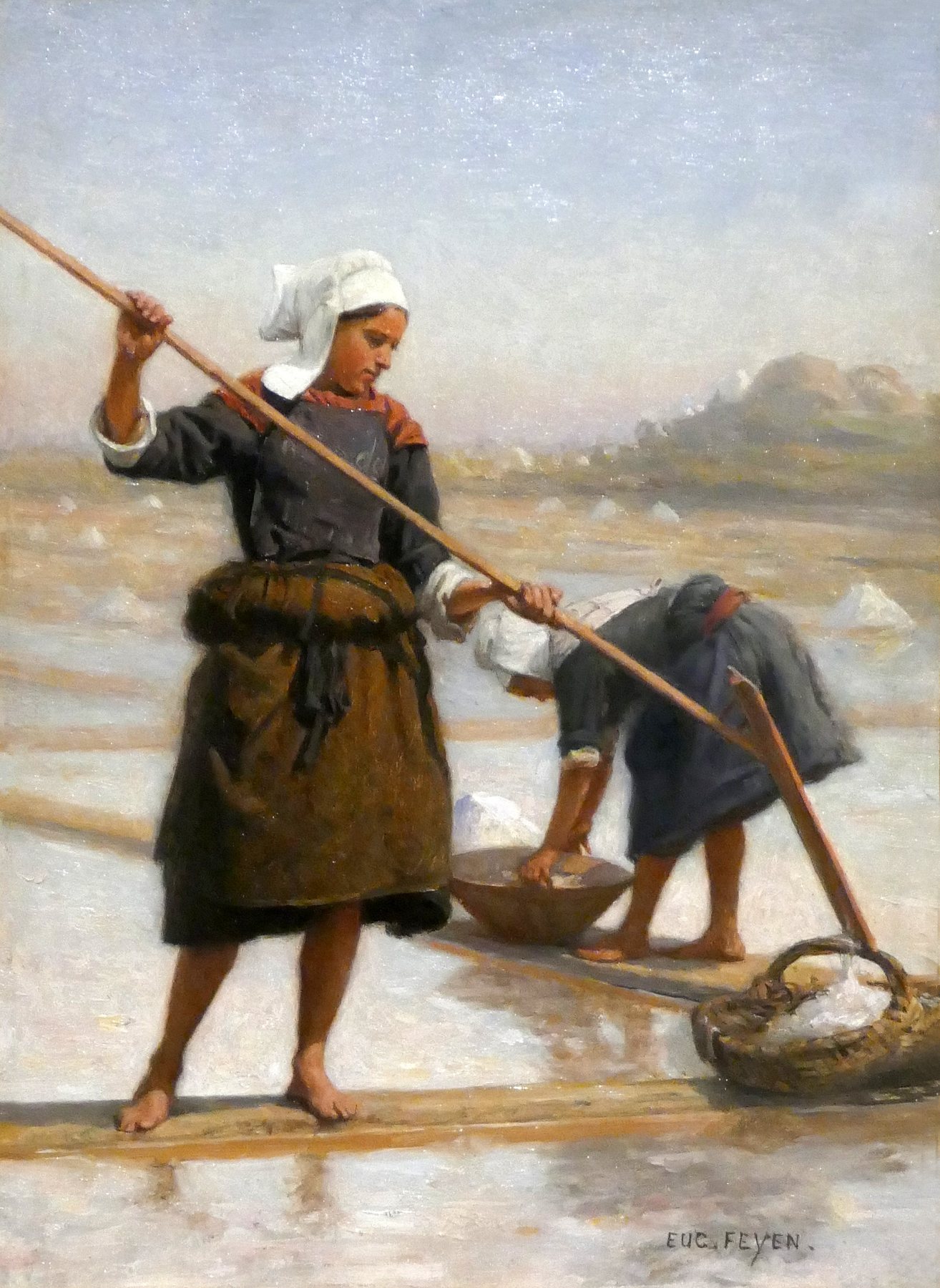 Painting: two women at a salt pan, one raking with a long las.
