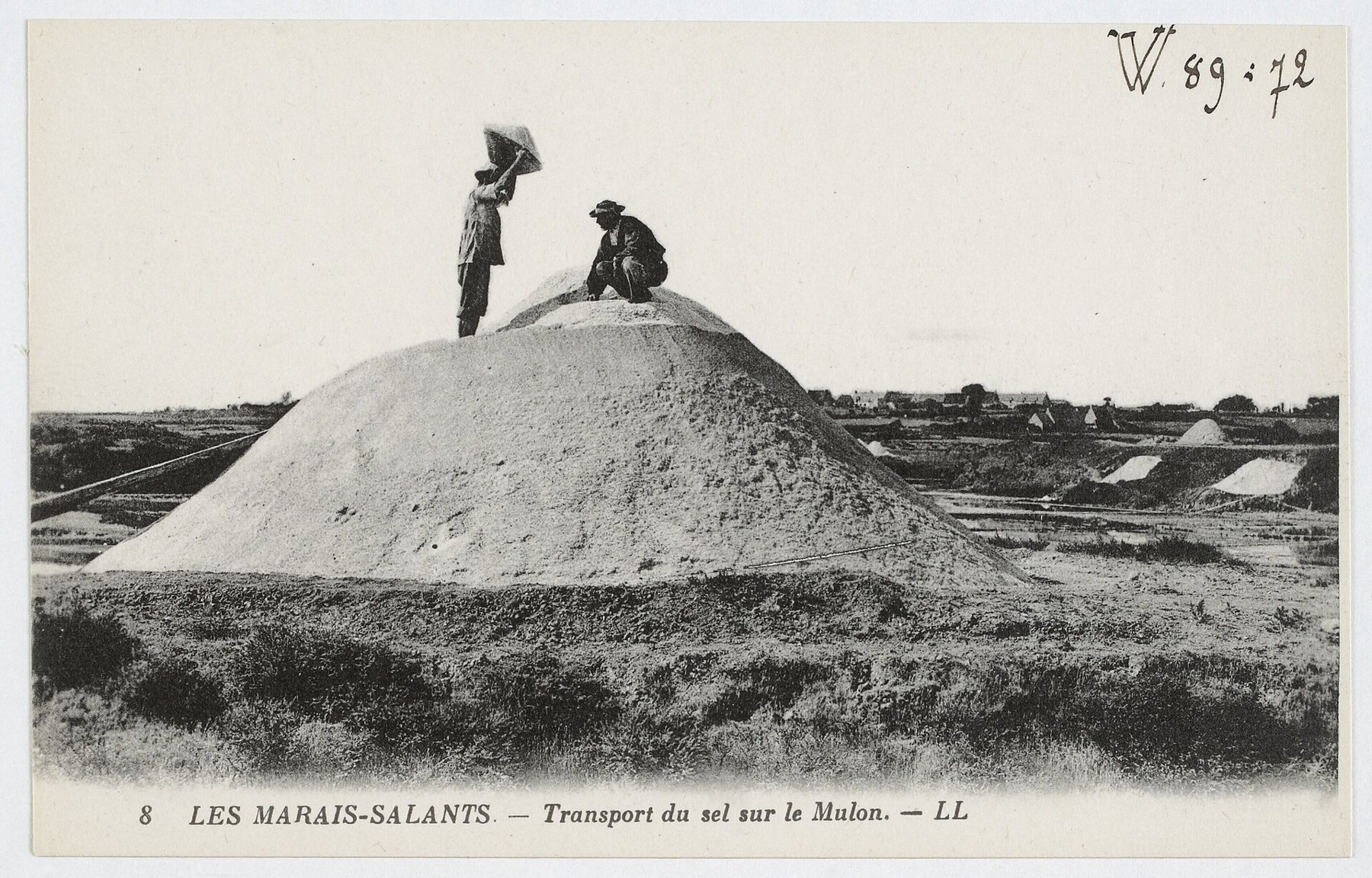Postcard: two people on top of a large heap of salt in the marsh.