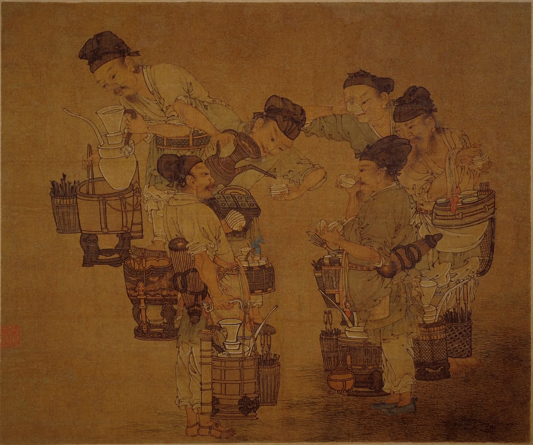 A Song dynasty painting of tea sellers comparing their tea, with kettles and baskets