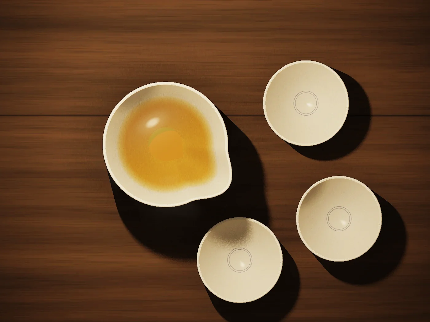 A white fairness cup full of tea beside three empty cups