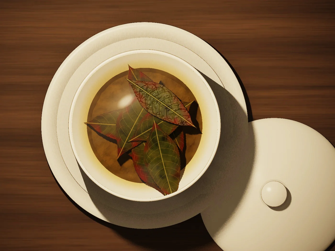 A gaiwan of tea with leaves opening in it, its lid set beside it