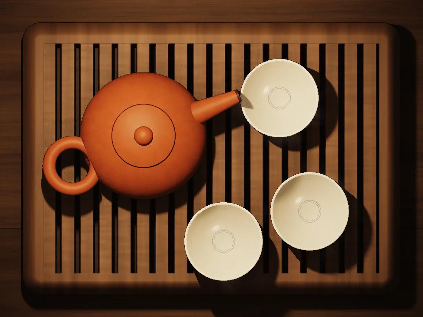 A red clay pot and three white cups of hot water on a slatted tea boat
