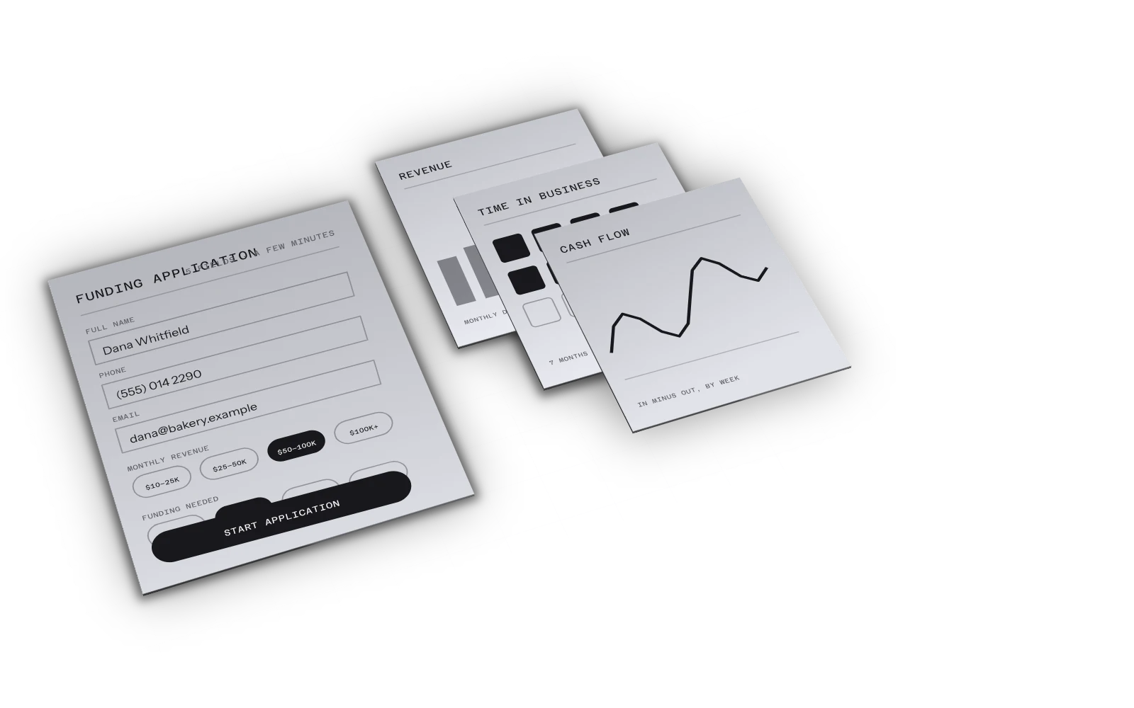 The application with the three sheets the review reads: revenue, time in business, cash flow