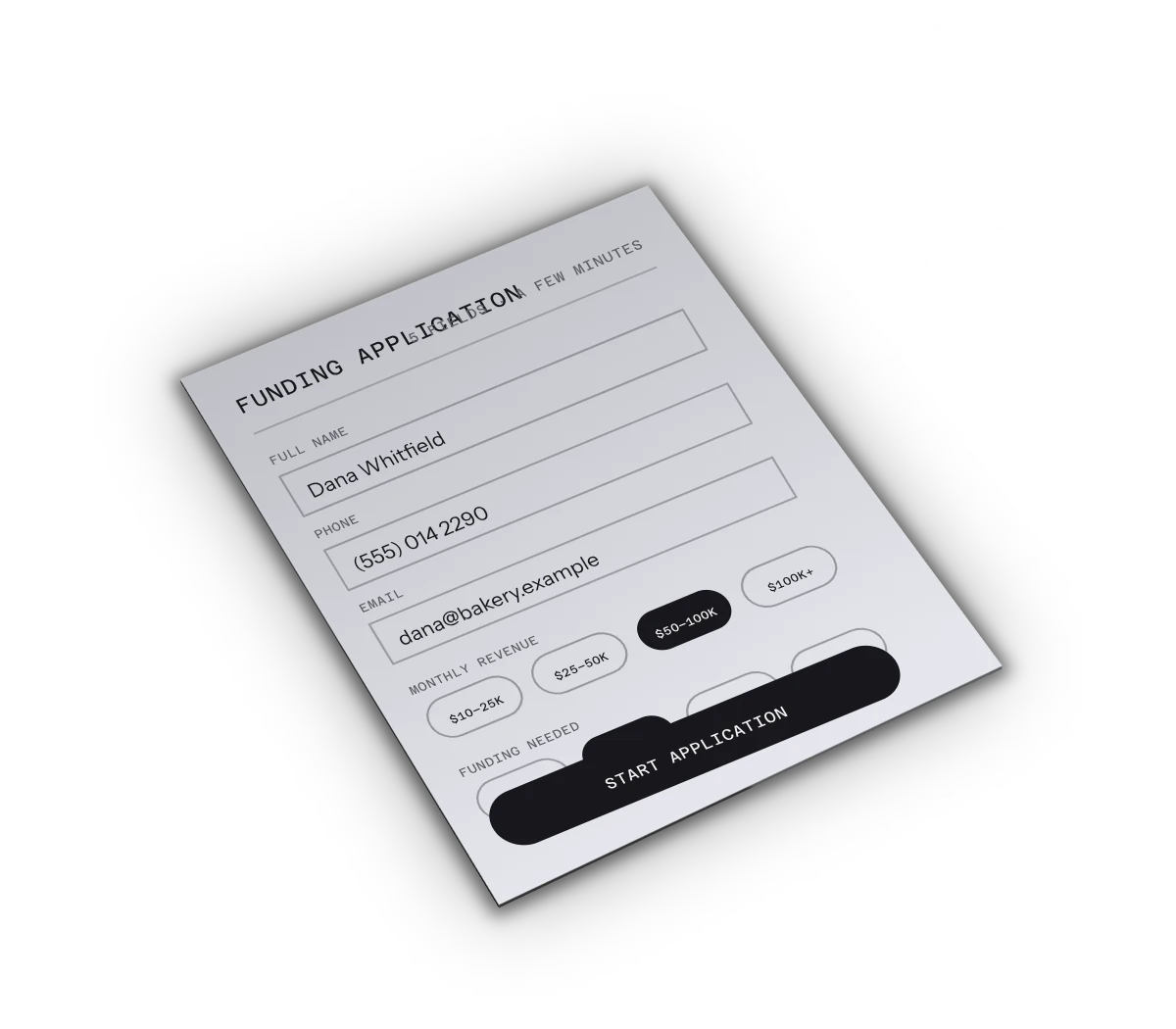 The funding application: name, phone, email, monthly revenue band and funding needed