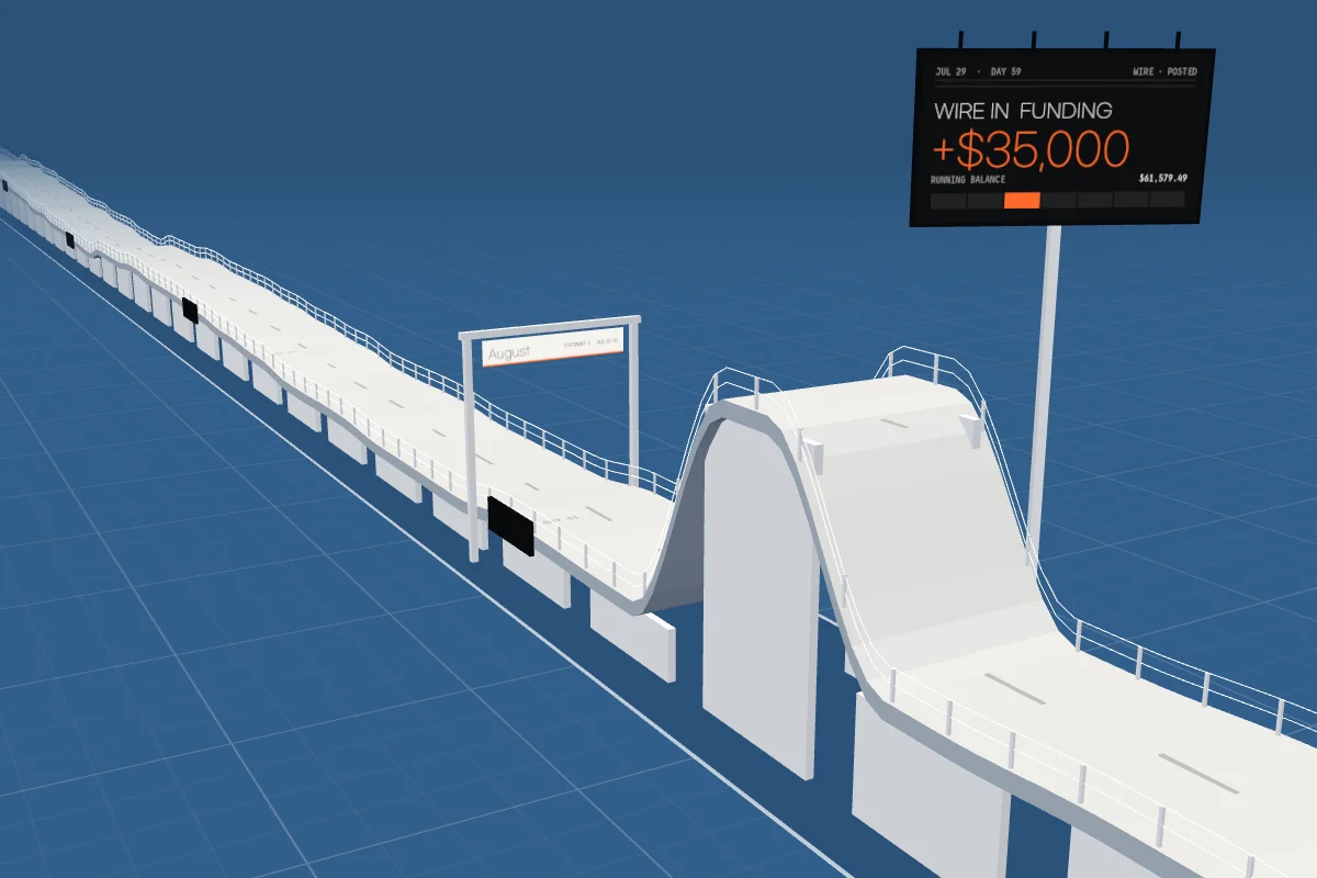 Example: a gift shop's balance climbs with $35,000 the day before a $41,500 holiday stock order.