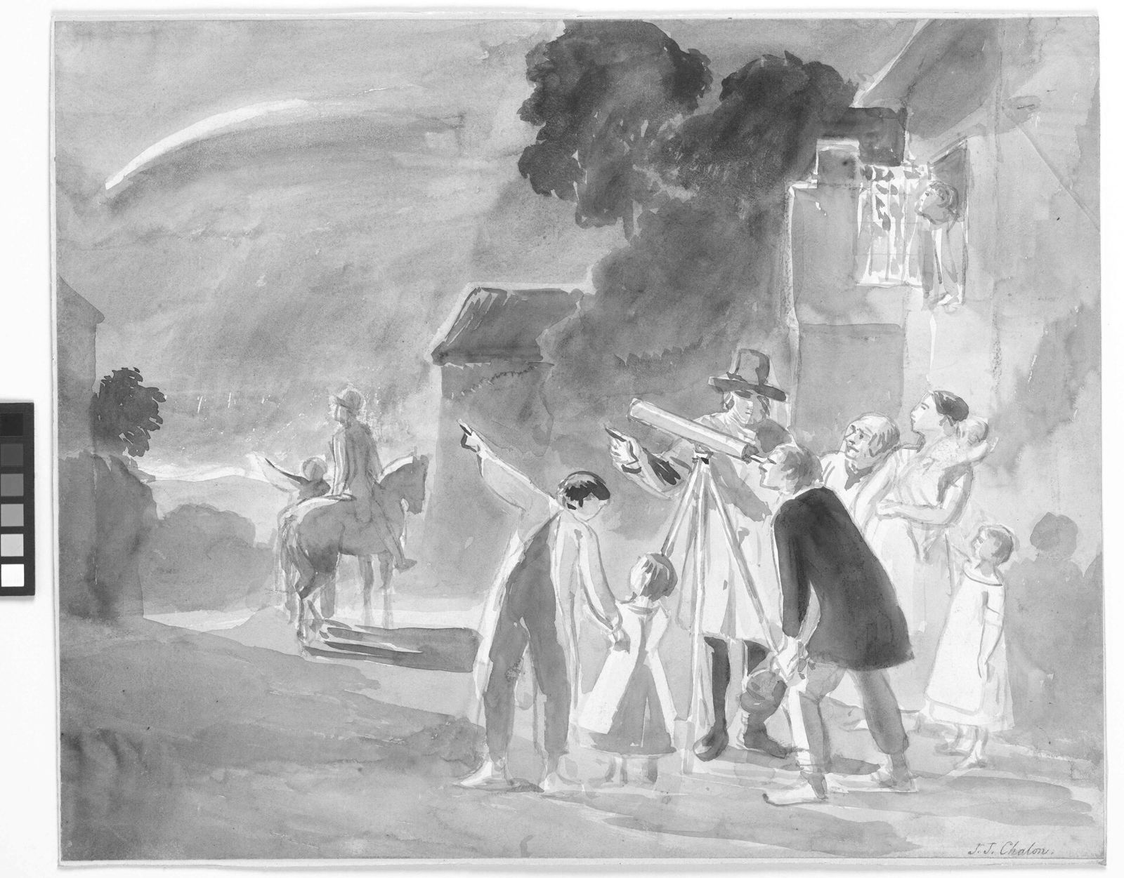 Watercolour: a crowd in the street at night, pointing and staring up at a comet.