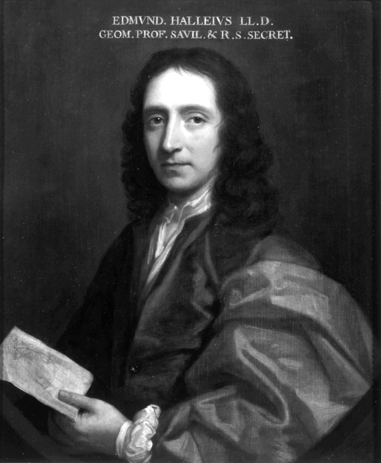 Oil portrait of Edmond Halley in a long curled wig, holding a sheet of paper.