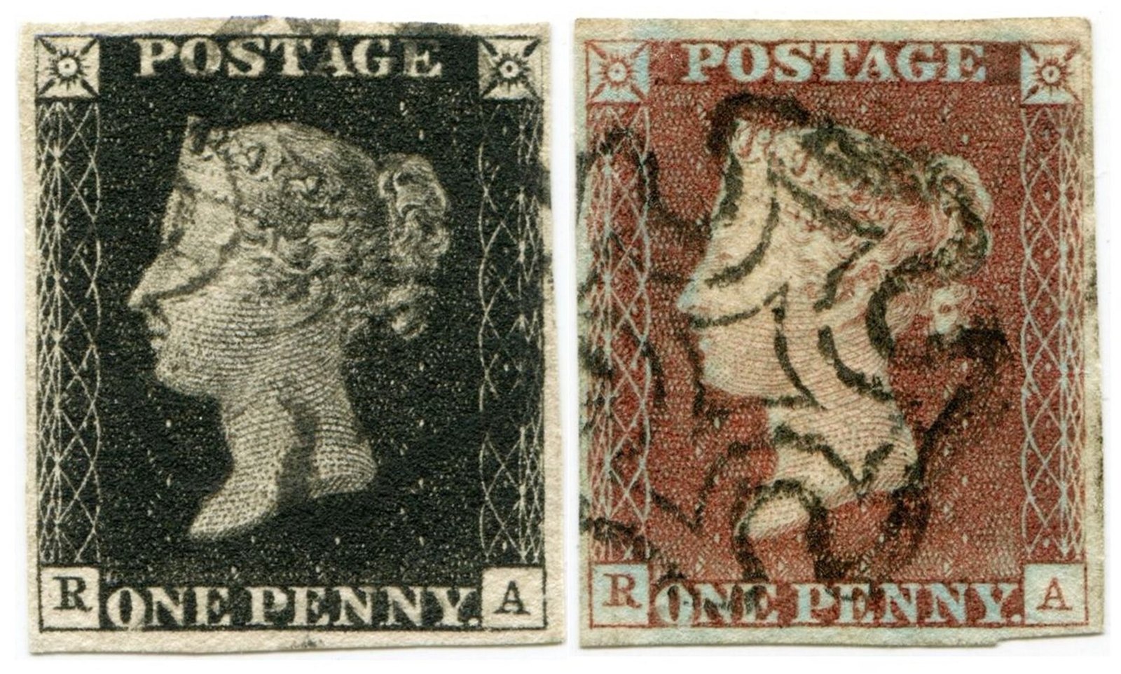 A Penny Black and a Penny Red from plate 10, both lettered R A