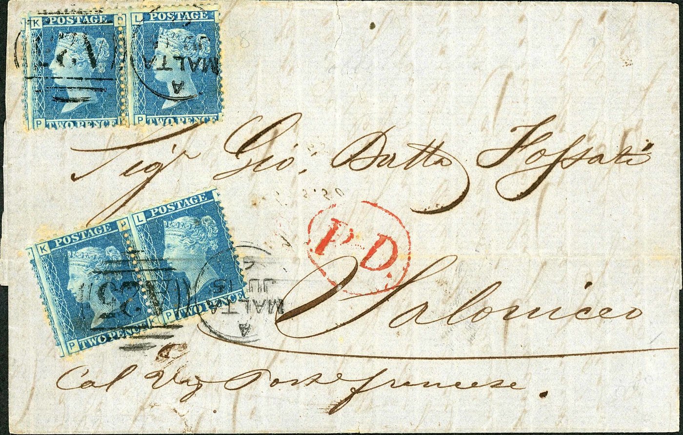 Twopence Blue pairs on a letter from Malta to Salonica, 1861