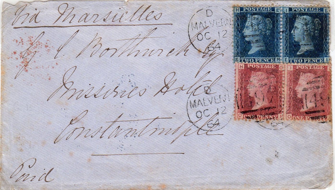 Twopence Blue and Penny Red pairs, Malvern to Constantinople, 1864