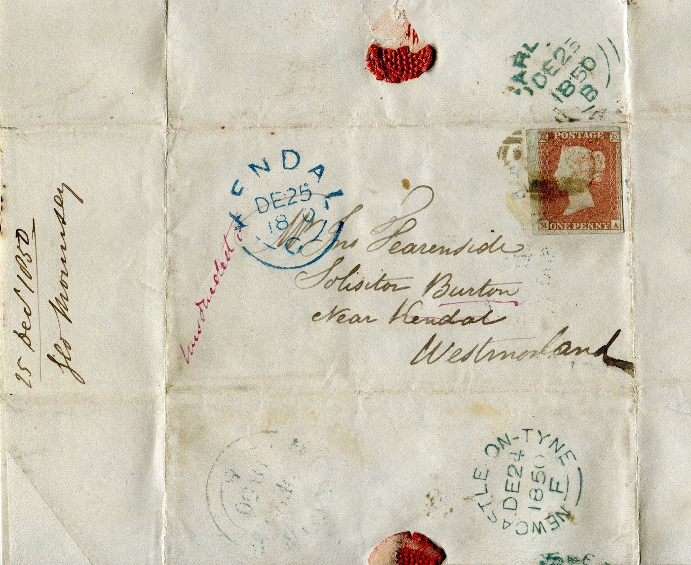 Penny Red on a letter from Newcastle, Christmas Eve 1850