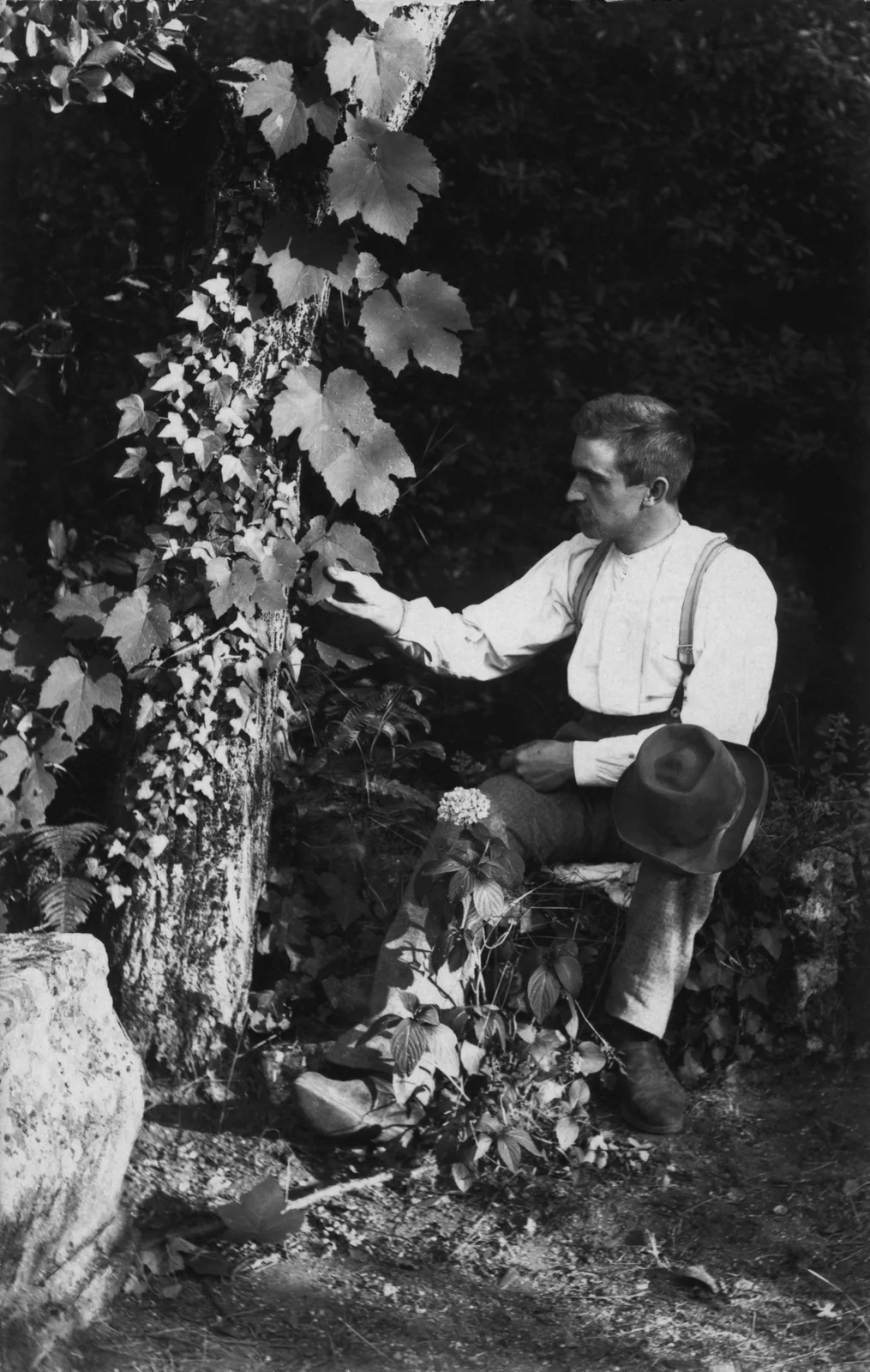 Karl Blossfeldt examining leaves, about 1894. Unknown photographer.