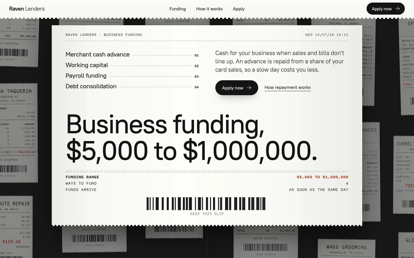 RAVEN LENDERS „Batch Close”: the first screen of the site at 1440 by 900