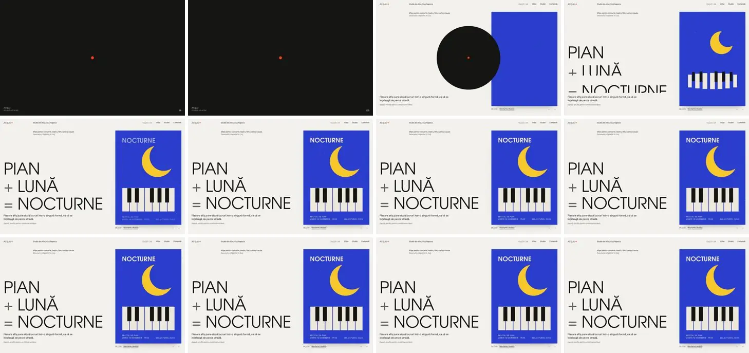 Twelve frames of AFIȘAI Studio opening, left to right, top to bottom