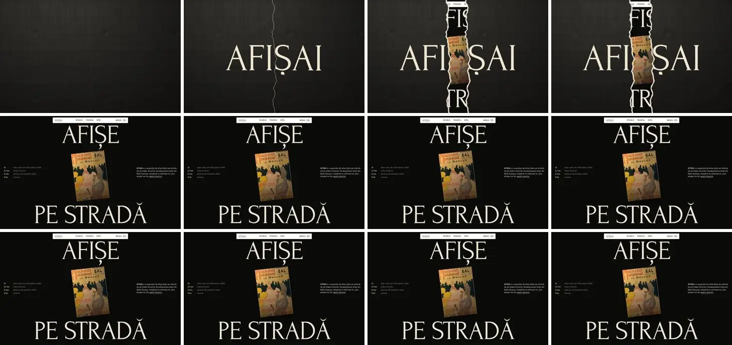 Twelve frames of AFIȘAI opening, left to right, top to bottom