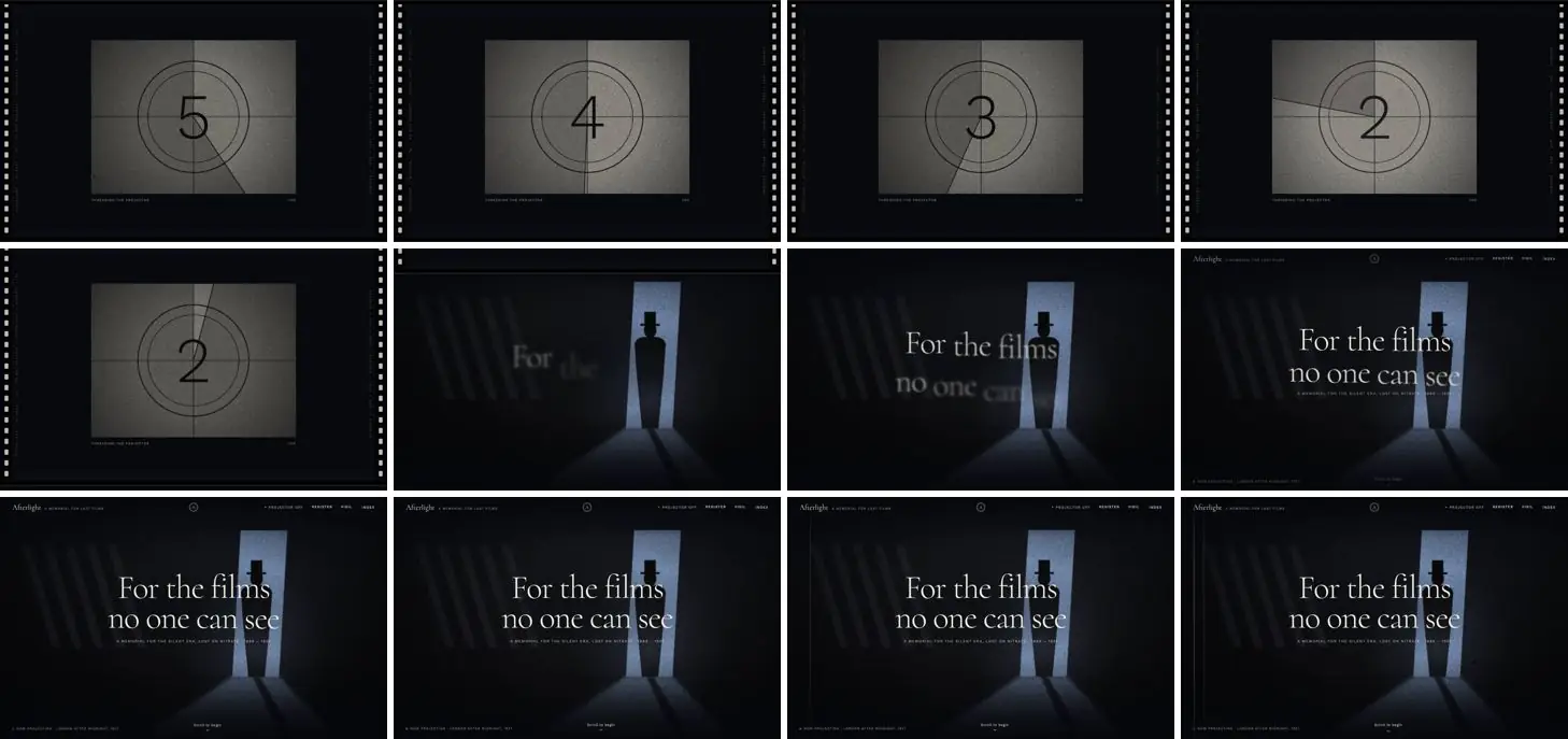 Twelve frames of AFTERLIGHT opening, left to right, top to bottom