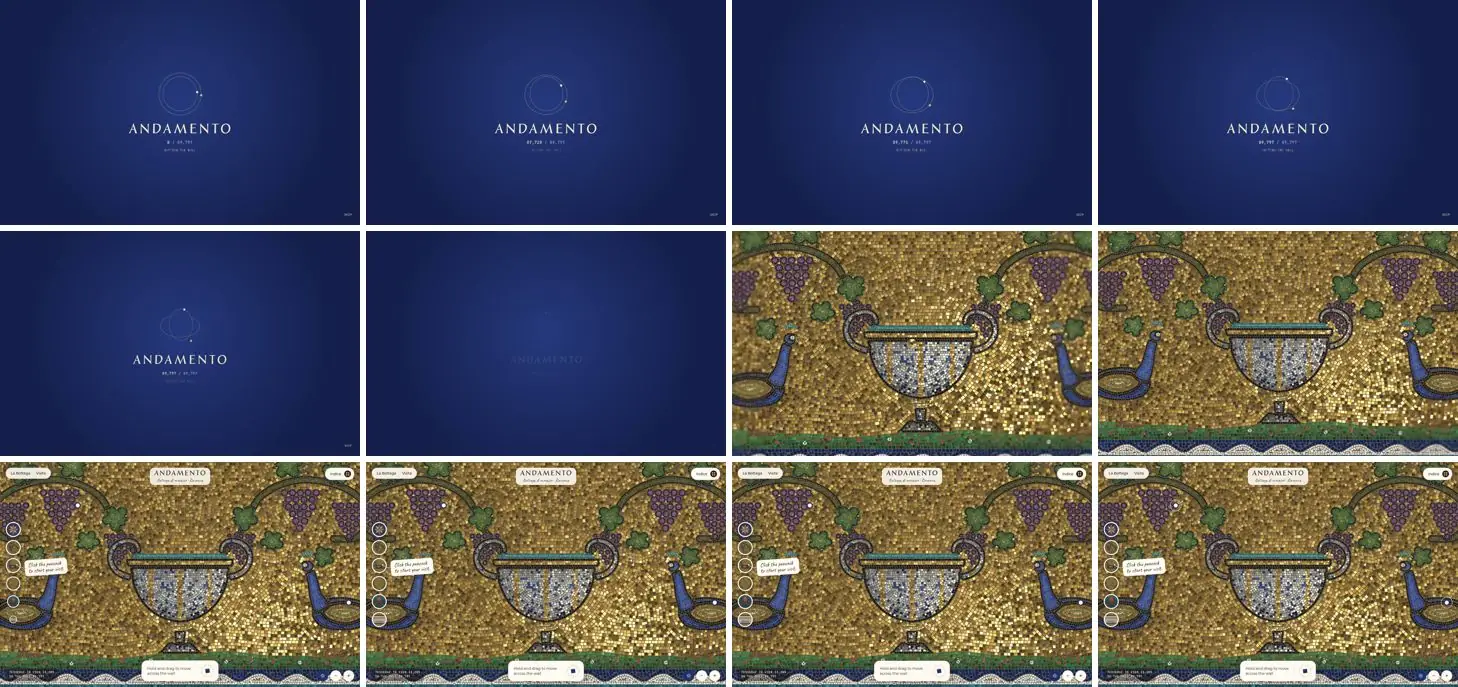 Twelve frames of ANDAMENTO opening, left to right, top to bottom