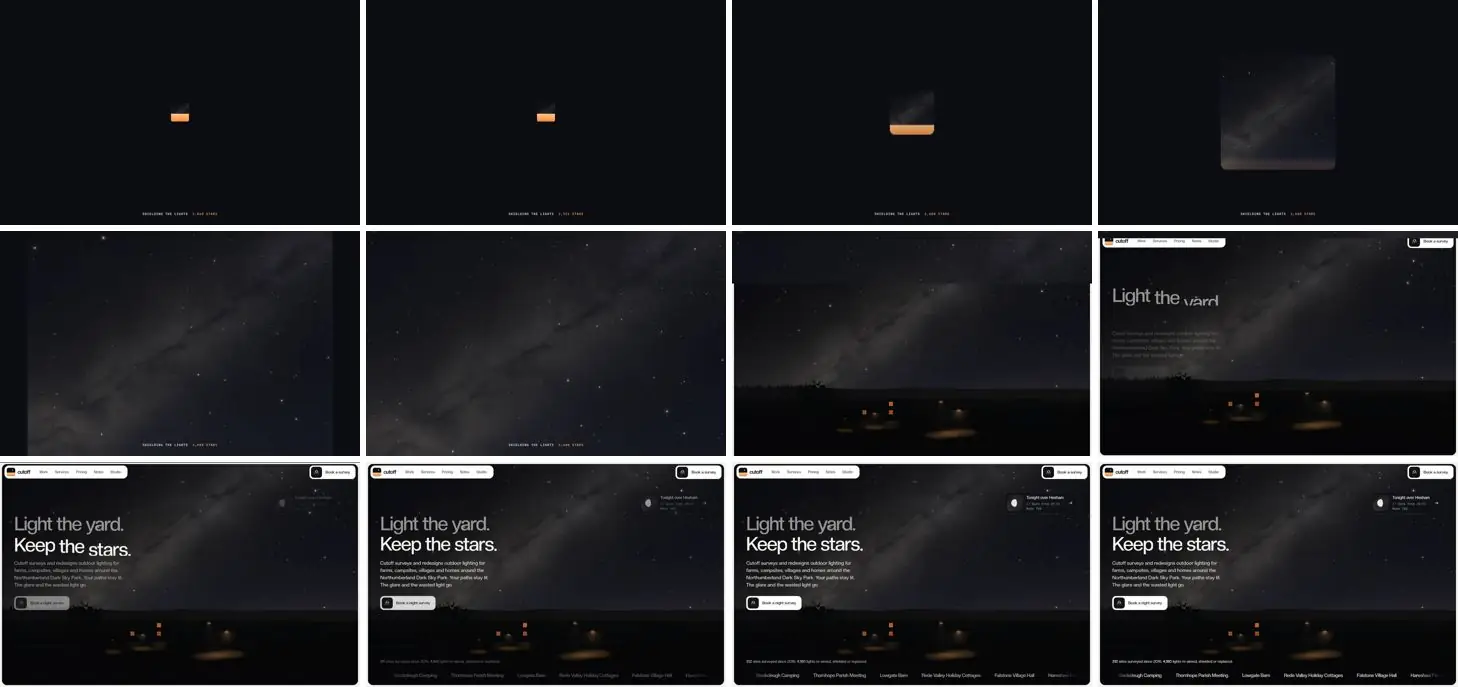 Twelve frames of CUTOFF opening, left to right, top to bottom