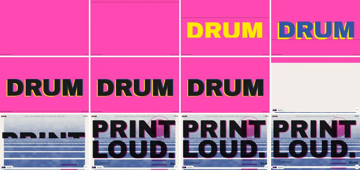 Twelve frames of DRUM opening, left to right, top to bottom