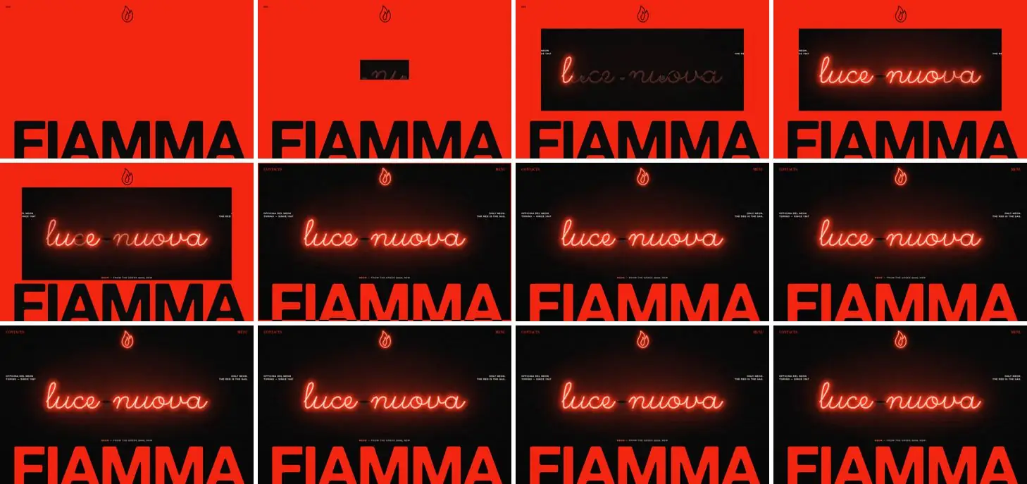 Twelve frames of FIAMMA opening, left to right, top to bottom