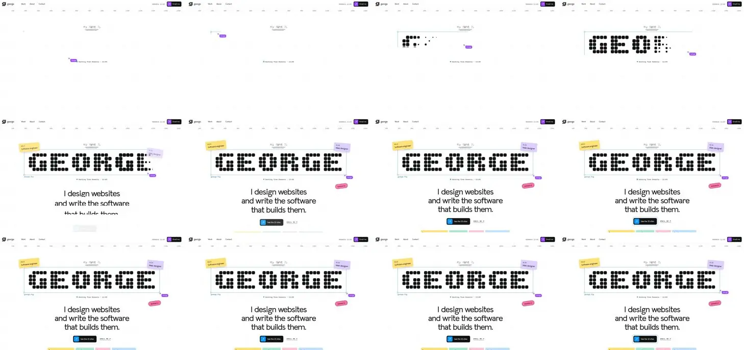 Twelve frames of GEORGE „Open file” opening, left to right, top to bottom
