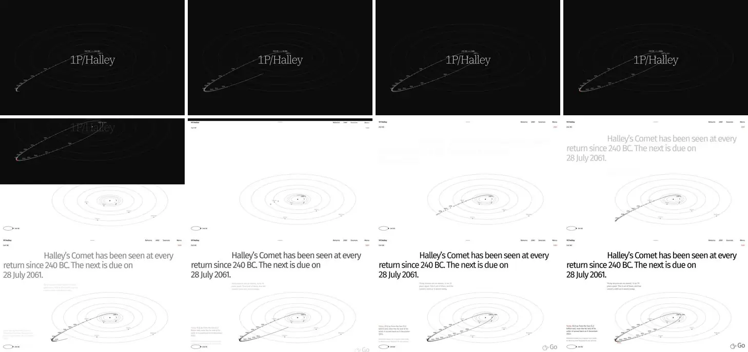 Twelve frames of 1P/HALLEY opening, left to right, top to bottom