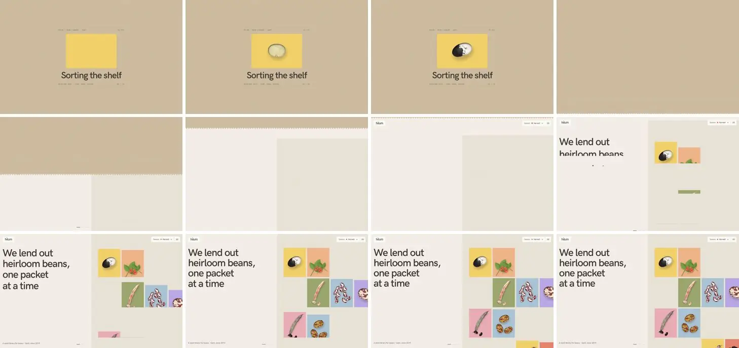Twelve frames of HILUM opening, left to right, top to bottom