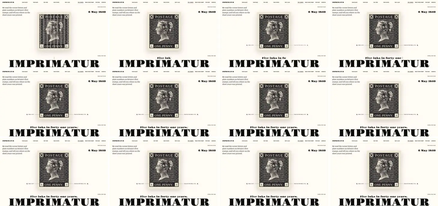 Twelve frames of IMPRIMATUR opening, left to right, top to bottom
