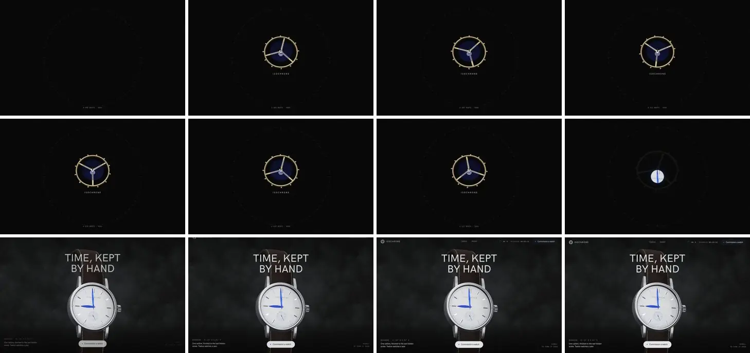 Twelve frames of ISOCHRONE opening, left to right, top to bottom