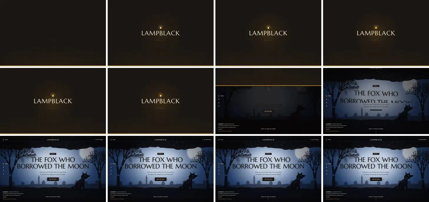 Twelve frames of LAMPBLACK opening, left to right, top to bottom