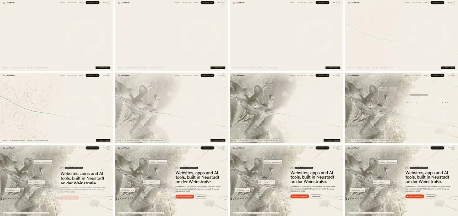 Twelve frames of LUCA MORETTI opening, left to right, top to bottom
