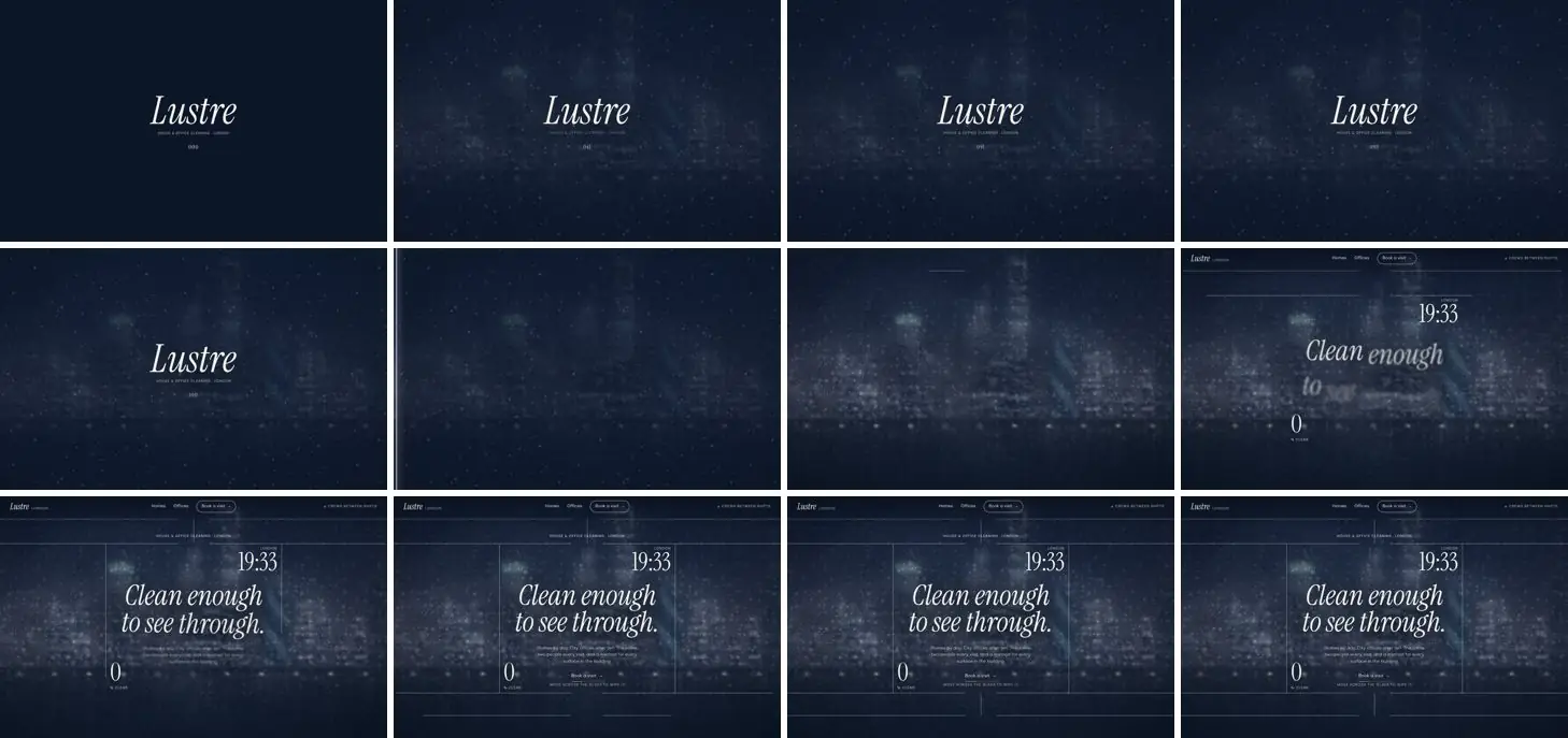 Twelve frames of LUSTRE opening, left to right, top to bottom